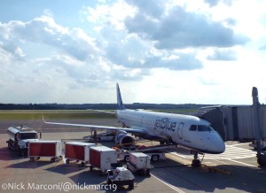 JetBlue E190 parked at gate 2 in Worcester