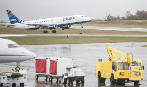 Jet Blue's inaugural flight lands at Worcester Airport.