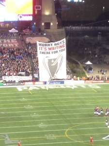 banner made by Revs supporting fans on display before the game